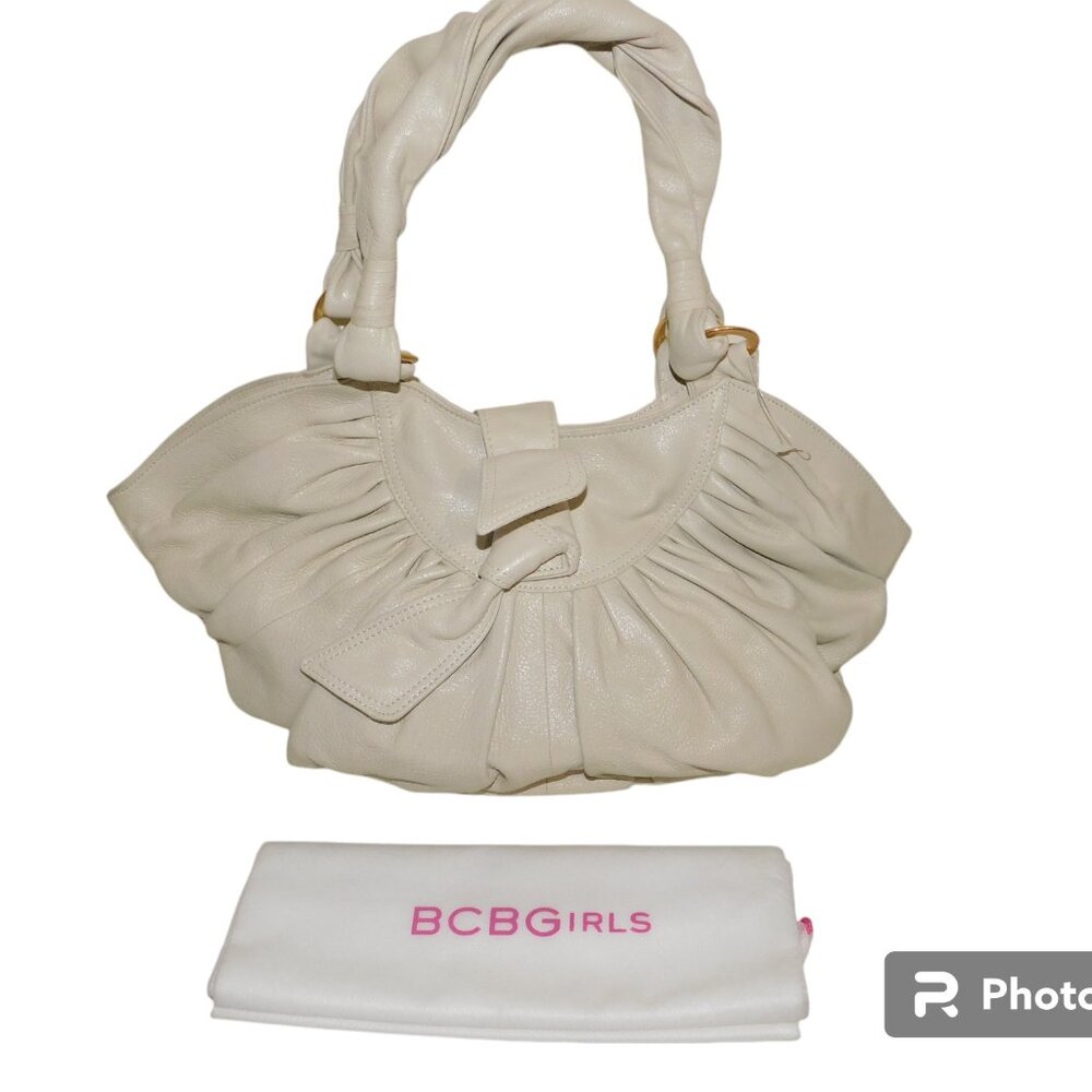 BCBGirls Cream Ruched Leather Hobo Shoulder Bag
